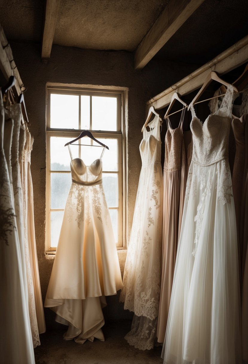 A dusty attic filled with vintage wedding dresses hanging on old wooden hangers. Sunlight streams in through a small window, casting a warm glow on the delicate lace and satin fabrics