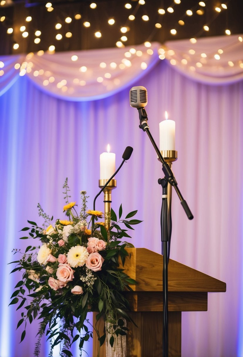 A microphone stands on a podium adorned with flowers and candles, set against a backdrop of twinkling lights and draped fabric