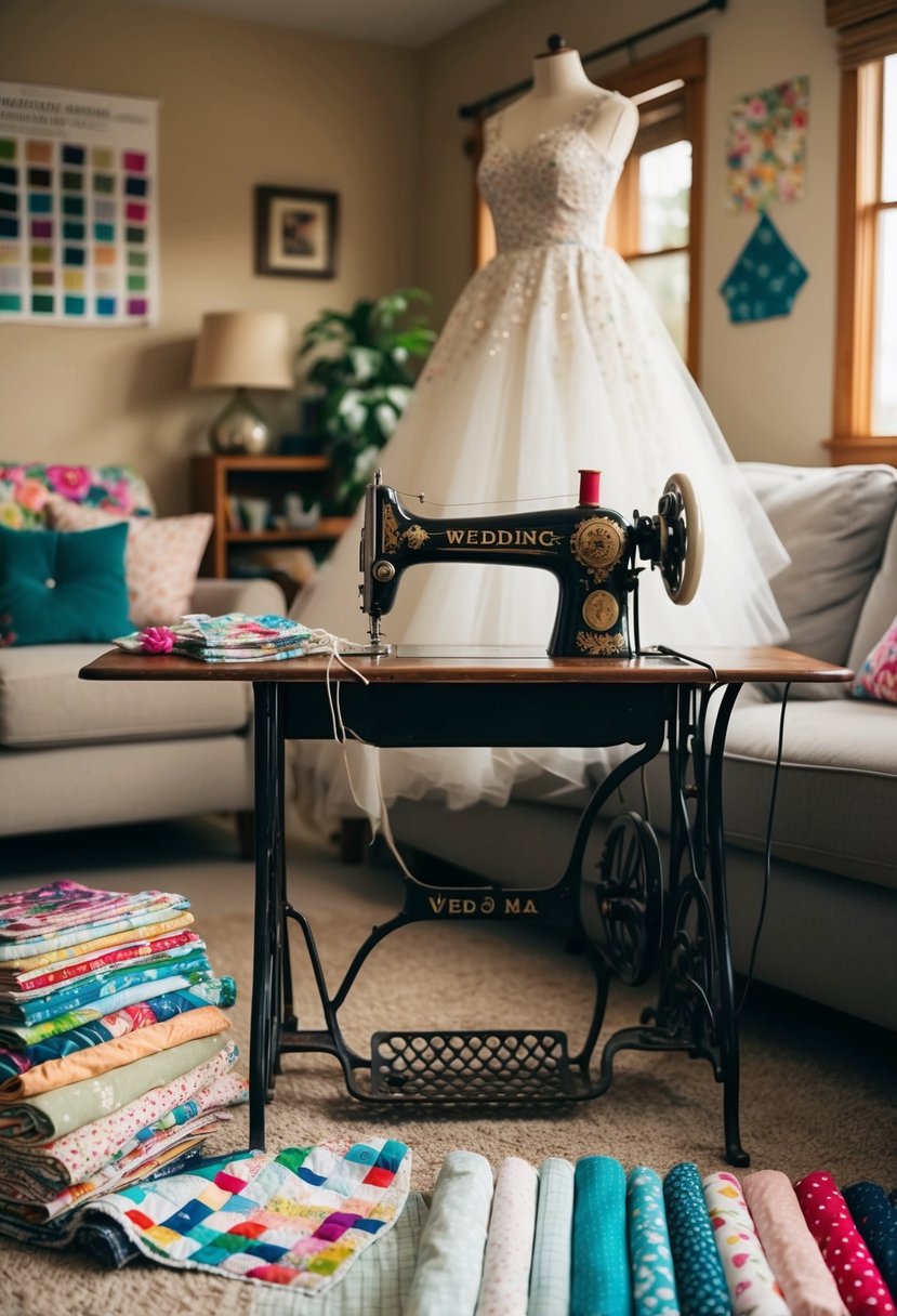 A cozy living room with a vintage sewing machine and a pile of old wedding dresses, surrounded by colorful fabric swatches and quilting supplies