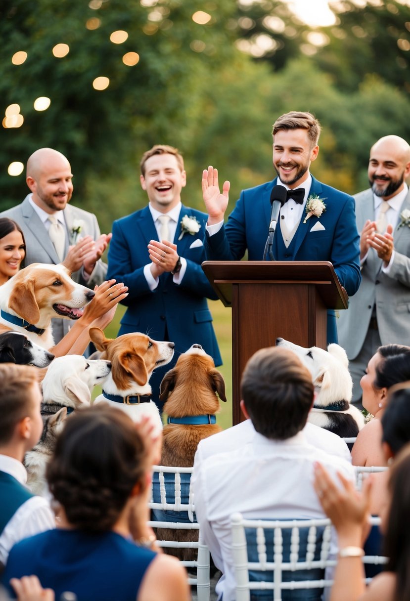 A group of animals gathered around a podium, laughing and clapping as one of them delivers a light-hearted wedding speech