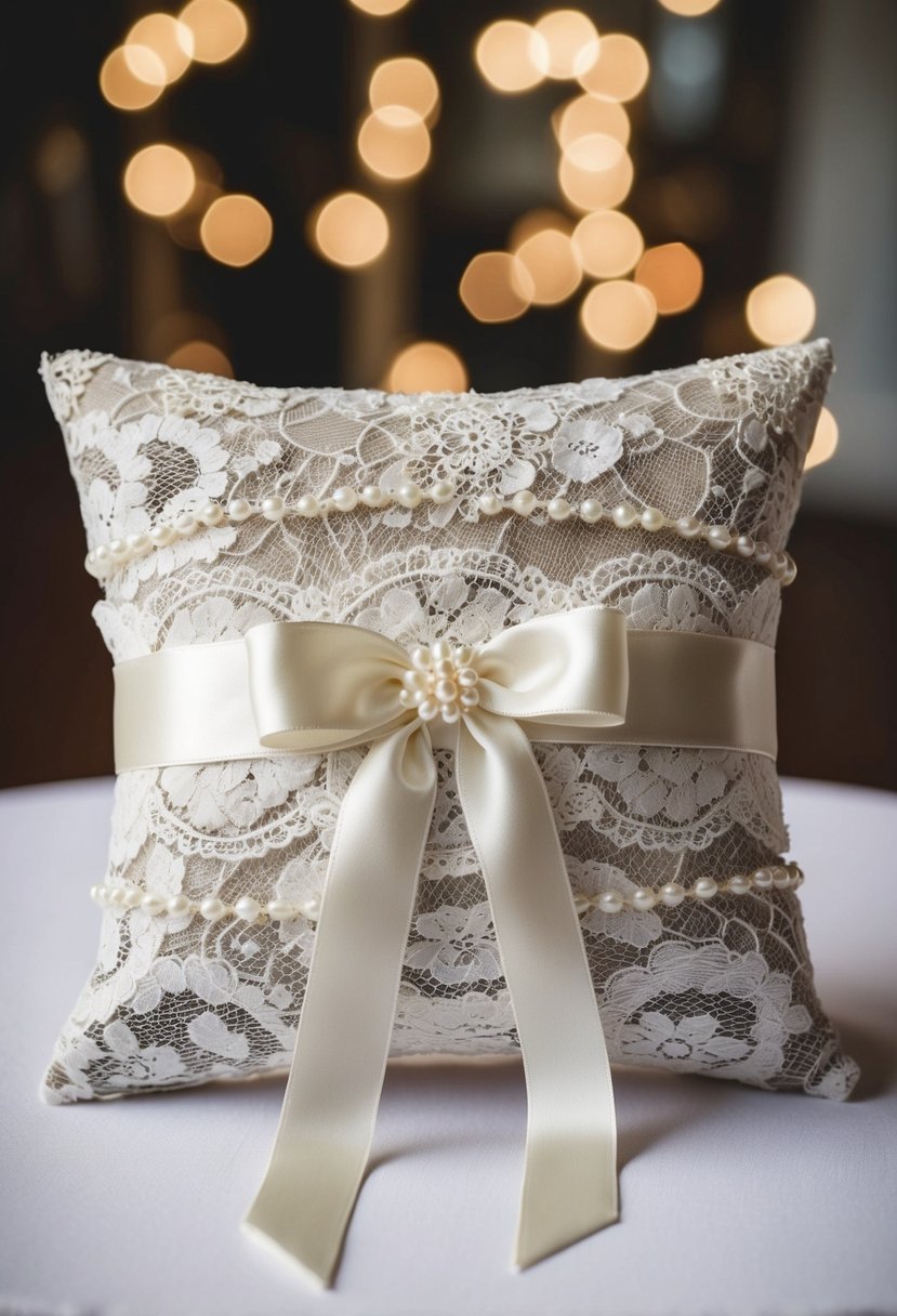 A ring bearer's pillow made from repurposed lace and fabric from old wedding dresses, adorned with delicate pearls and satin ribbons