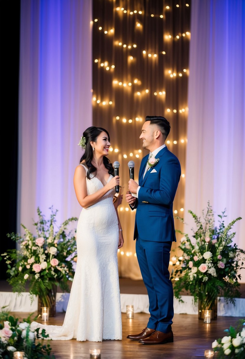 A couple stands on a stage, surrounded by twinkling lights and floral arrangements. They hold microphones and gaze lovingly at each other, preparing to deliver their heartfelt wedding speeches