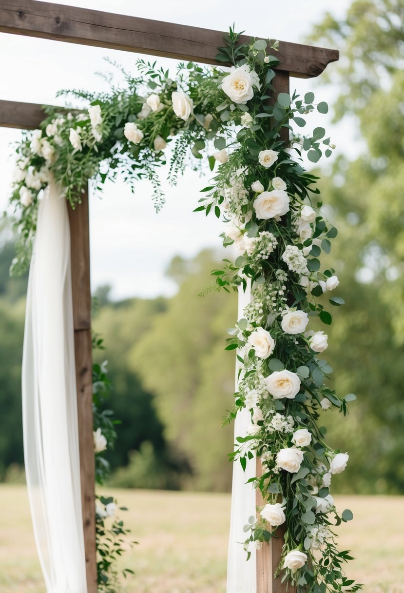 A rustic wooden arch adorned with delicate white flowers and greenery, creating a romantic wedding garland idea