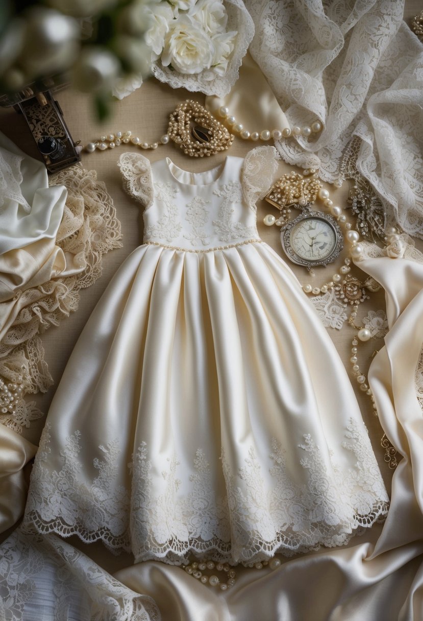 A seamstress repurposes old wedding dresses into a delicate christening gown, surrounded by antique lace, pearls, and satin fabric