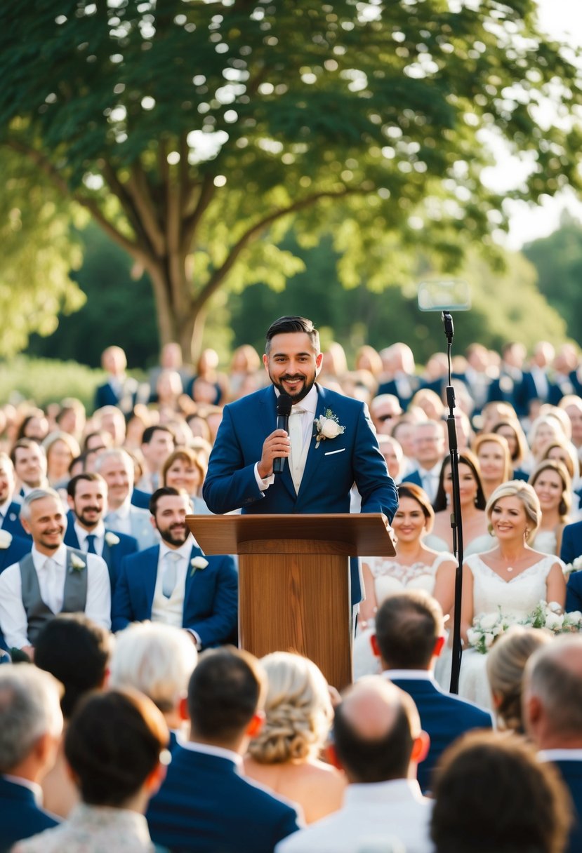 A stage with a microphone surrounded by a crowd of listeners, with a speaker expressing gratitude and love in their wedding speech