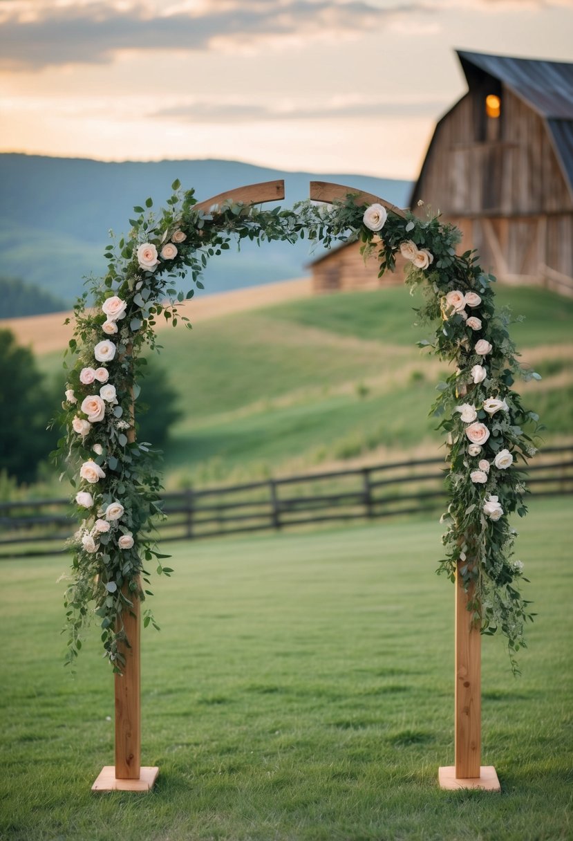 A wooden arch adorned with a lush floral garland, set against a backdrop of rolling hills and a rustic barn