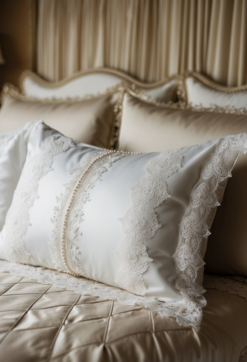 Two pillowcases made from repurposed wedding dresses, adorned with delicate lace and intricate beadwork, rest on a luxurious bedspread