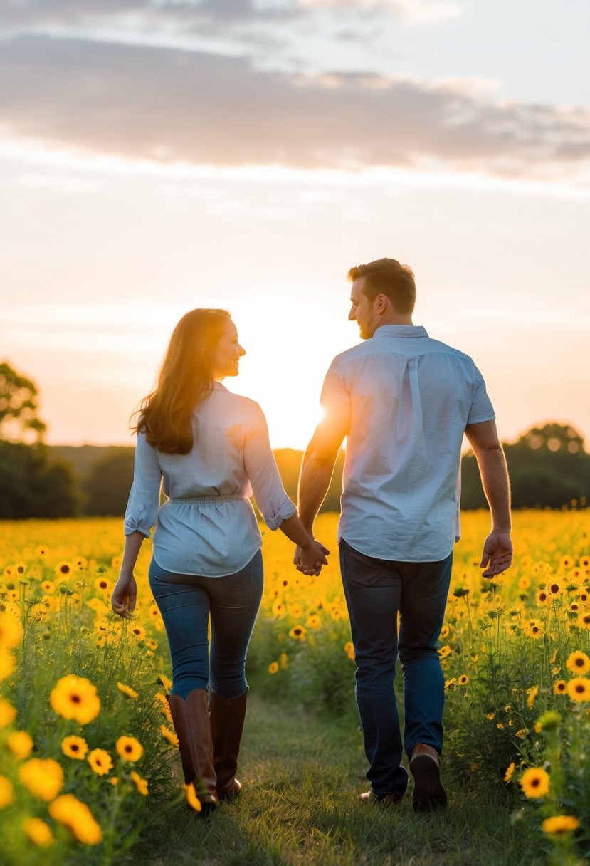 A couple walking hand in hand through a field of wildflowers, with the sun setting in the background, evoking a feeling of love and romance