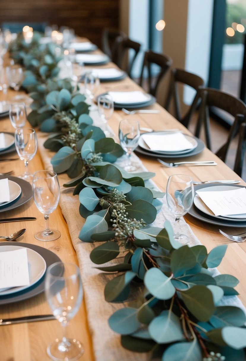 A table adorned with eucalyptus and linen garland, set for a wedding celebration