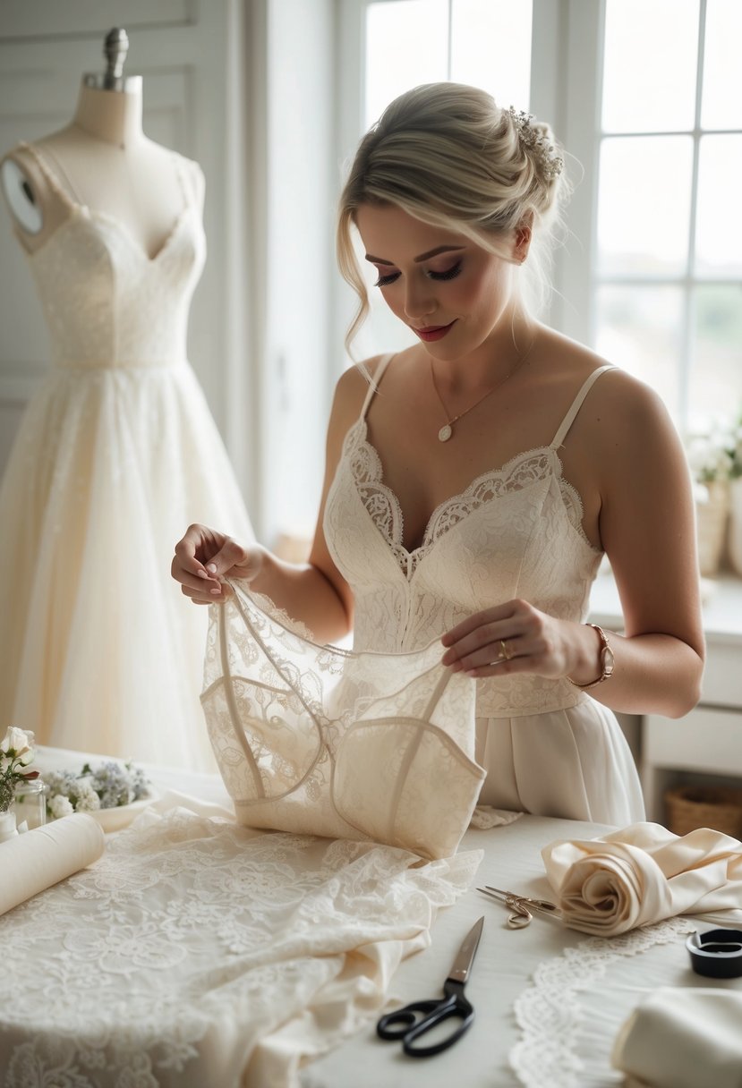 A seamstress repurposes vintage lace wedding dresses into elegant lingerie and camisoles, surrounded by delicate fabrics and sewing tools