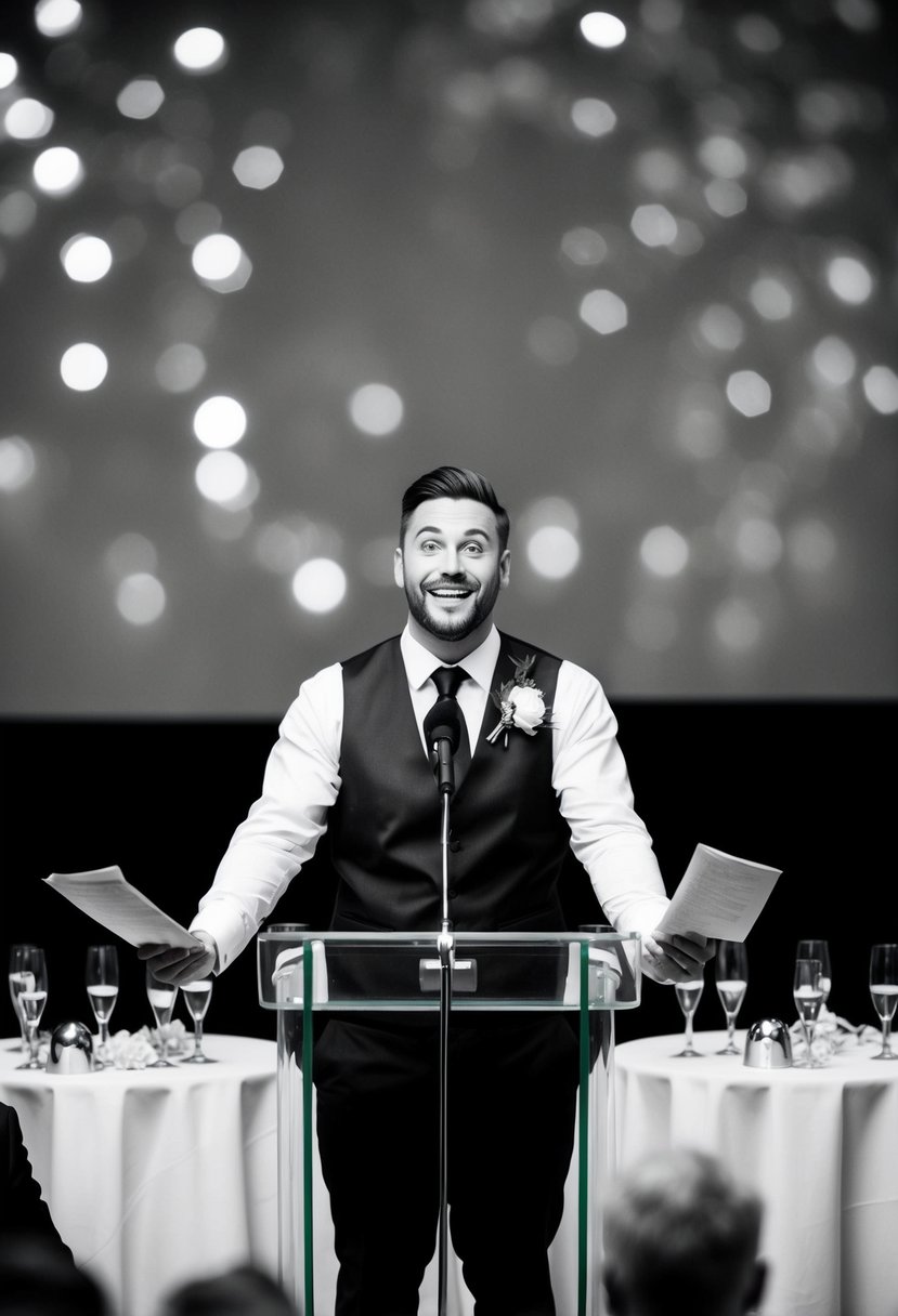 The groom stands at the podium, surrounded by empty champagne glasses and crumpled notes. His tie is askew, and a mischievous grin plays on his face as he rehearses his speech, trying out different humorous anecdotes