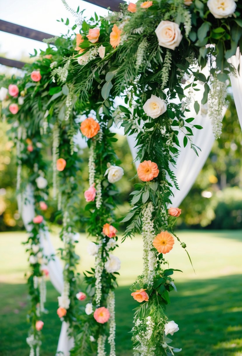 Lush greenery and vibrant flowers cascade from suspended garden-style garlands, creating a romantic and whimsical wedding decor