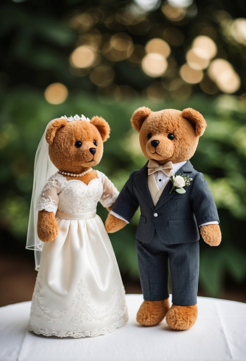 A bride and groom teddy bear set standing on a table, wearing old wedding dresses