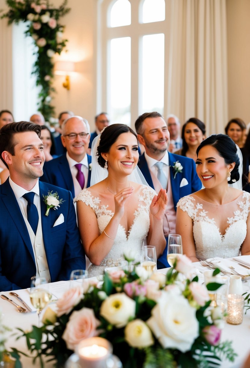 Guests smiling and nodding as the bride shares her heartfelt speech, surrounded by flowers and elegant decor