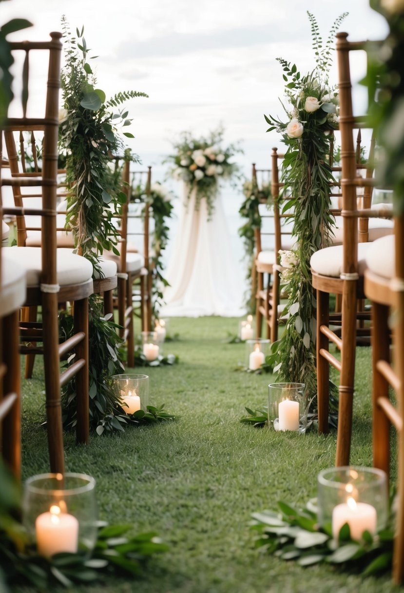 A bohemian wedding aisle bordered by lush greenery garlands