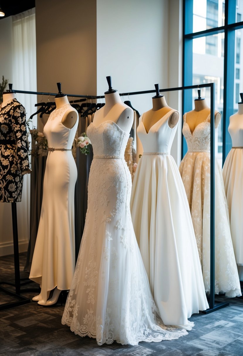 An array of repurposed wedding dresses displayed on mannequins in a chic boutique setting, with modern accessories and styling options showcased alongside