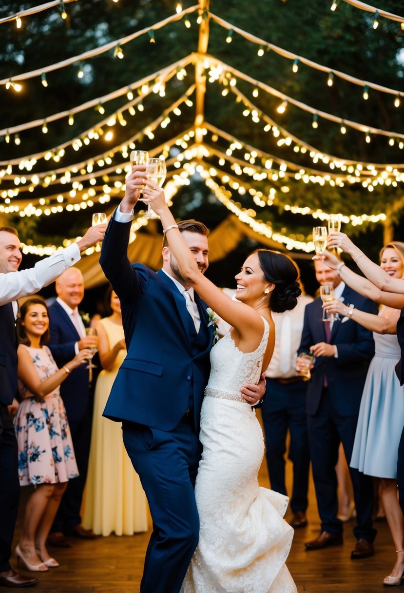 A couple dancing joyfully under a canopy of twinkling lights, surrounded by friends and family raising their glasses in celebration