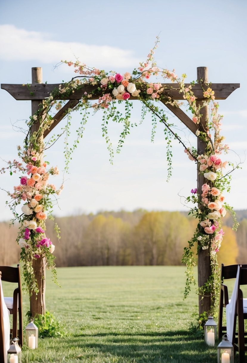 A rustic wooden arch adorned with a colorful mixed blossom vine garland, creating a romantic and whimsical wedding ceremony backdrop