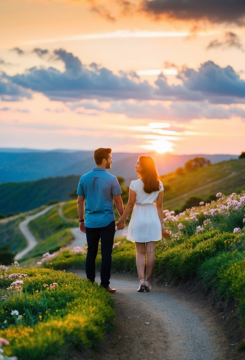 A couple standing together on a scenic hill, holding hands and gazing at the sunset, surrounded by blooming flowers and a winding path