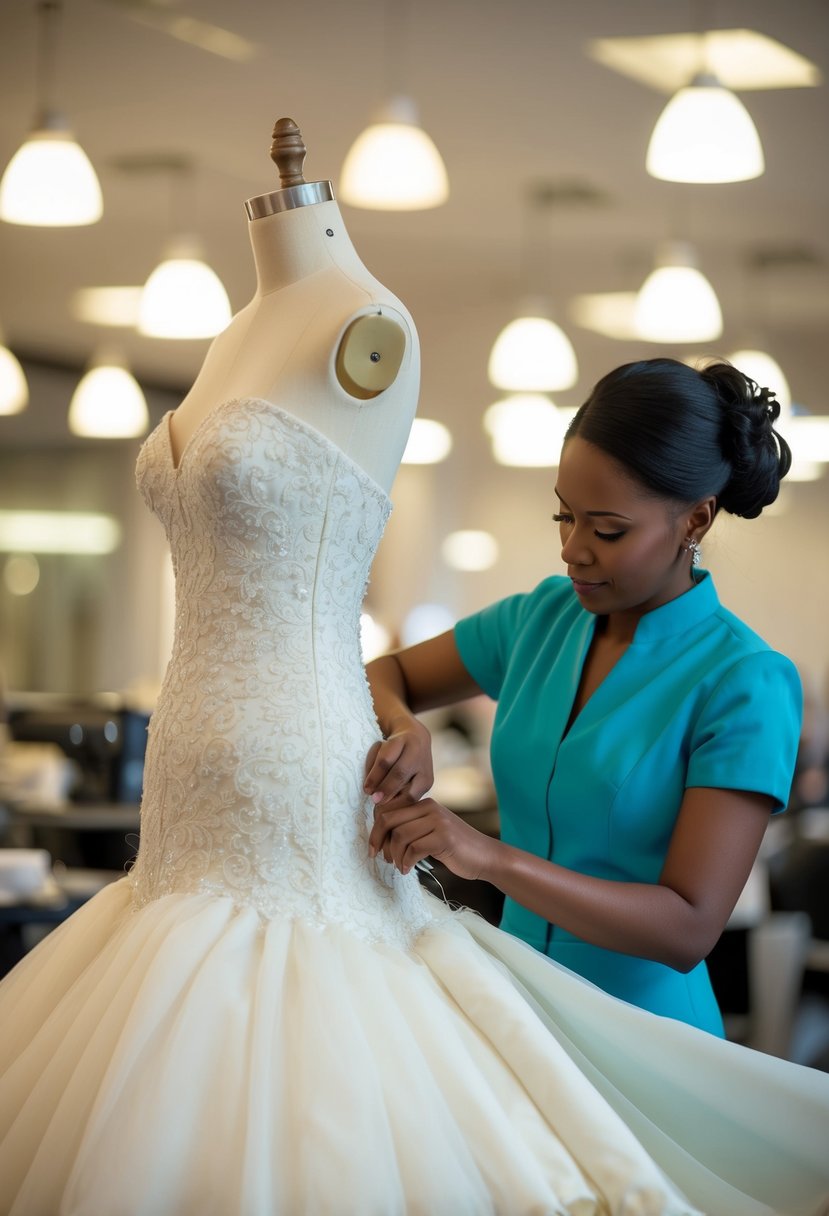 A seamstress cutting and sewing an old wedding dress into a new evening gown design