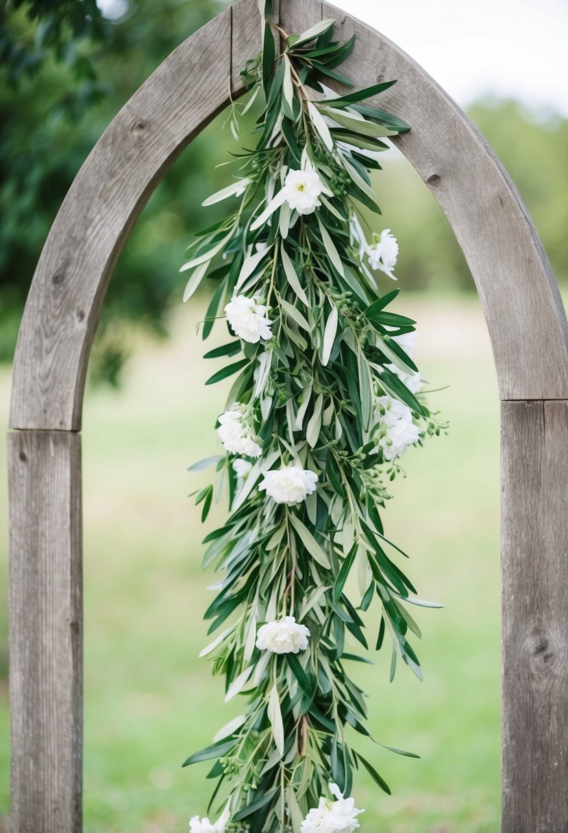 An olive branch garland drapes across a rustic wooden arch, intertwined with delicate white flowers and soft greenery