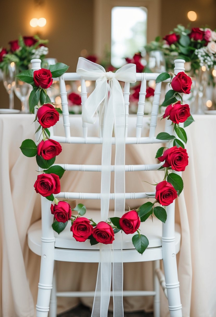 A white chair adorned with a garland of red roses and a delicate ribbon, creating a romantic and elegant wedding decor