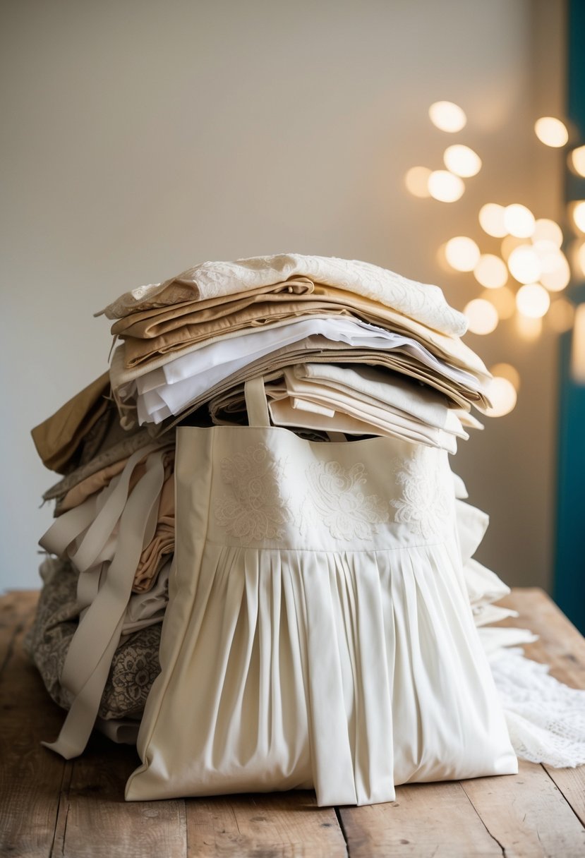 A pile of old wedding dresses being cut and sewn into a stylish tote bag