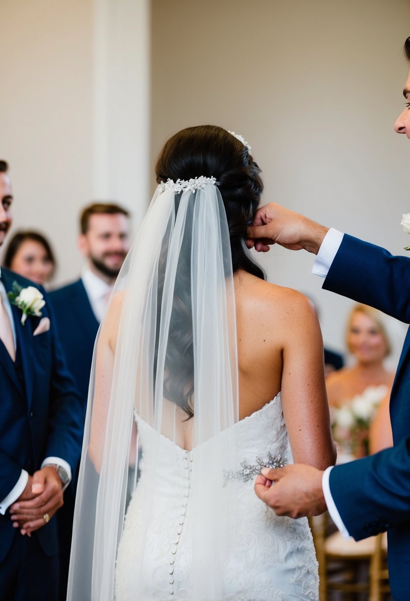 A bride's veil gets caught in the groom's suit button, creating a comical tug-of-war during the wedding speech