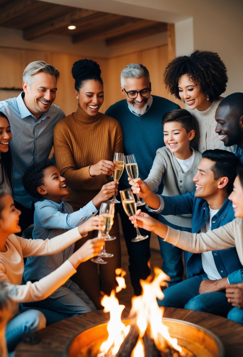 A group of diverse families gathered around a glowing fireplace, sharing laughter and toasting with champagne