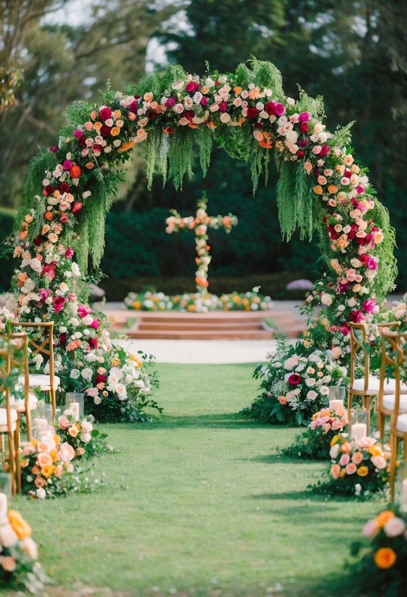 A circular floral ceremony arch adorned with lush garlands and vibrant blooms