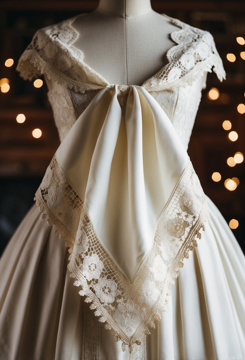 A vintage lace handkerchief set draped over an antique wedding gown