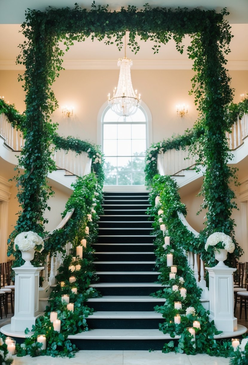 An elegant staircase is draped in lush ivy garlands, creating a stunning backdrop for a wedding ceremony