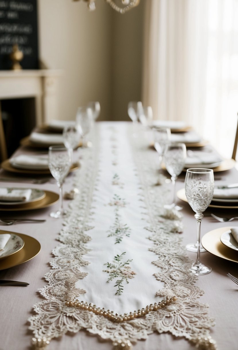 A table runner made of repurposed lace and satin from old wedding dresses, adorned with delicate embroidery and beading