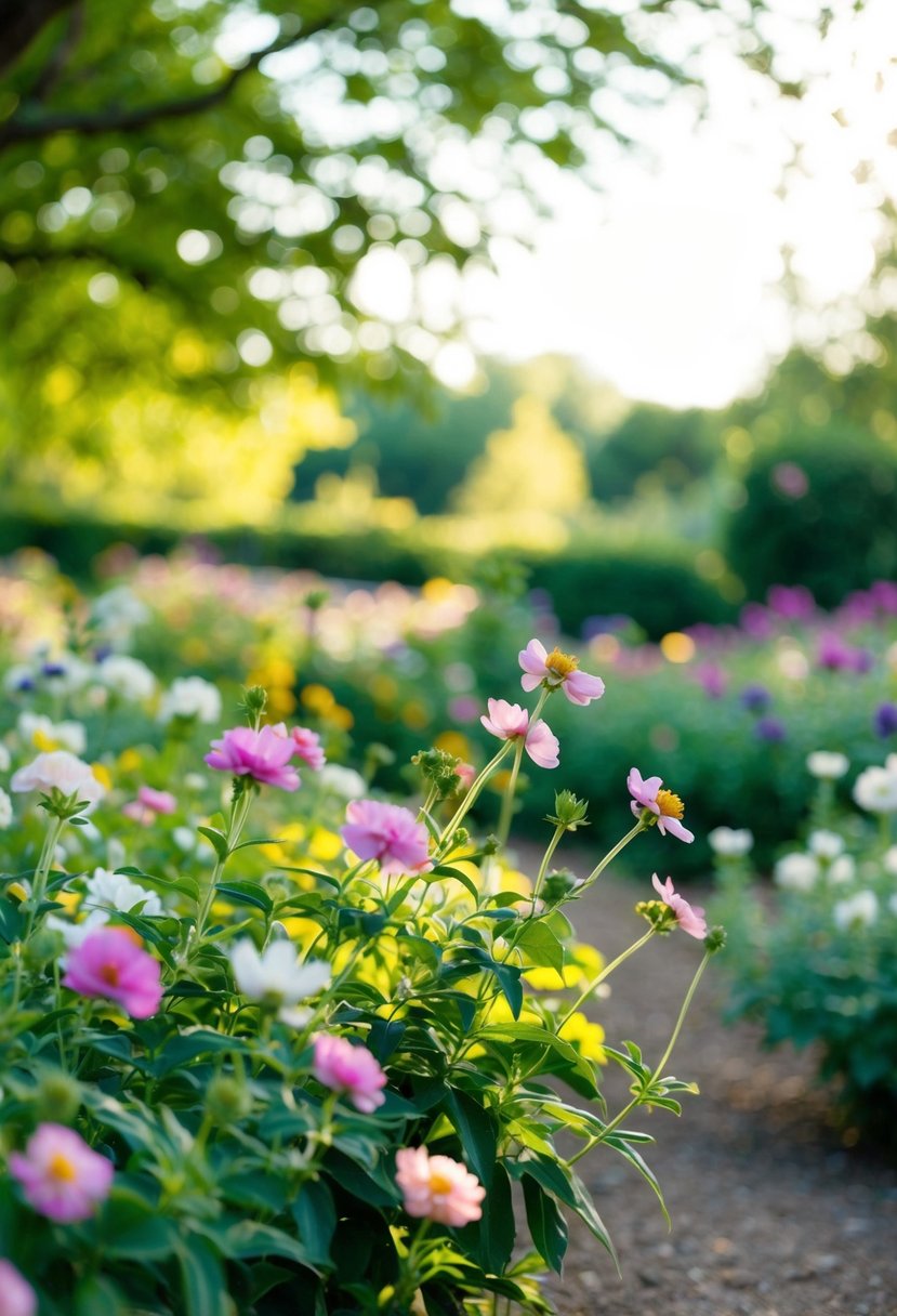 A garden filled with blooming flowers and a gentle breeze, with a soft, golden light filtering through the trees