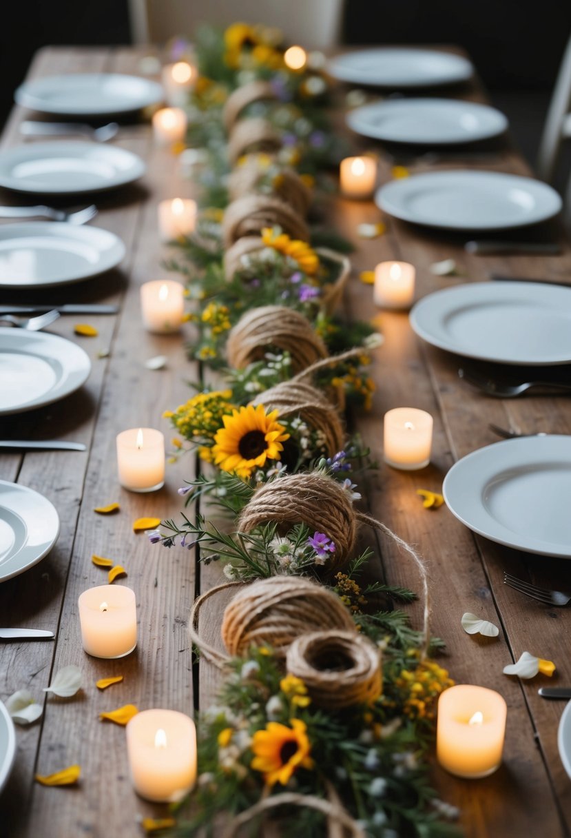 A rustic twine and wildflower garland drapes across a wooden table, surrounded by flickering tea lights and scattered petals