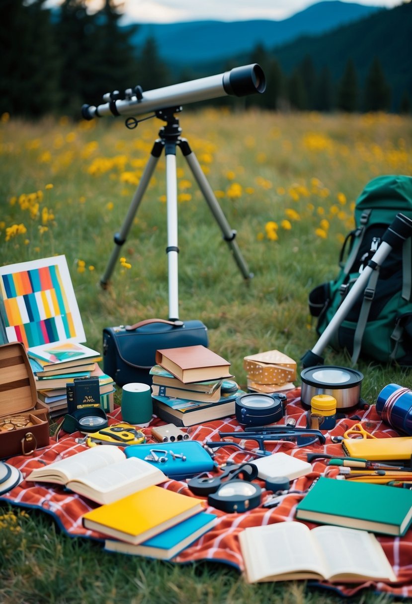 A picnic spread with books, art supplies, and musical instruments scattered around, with a telescope and hiking gear in the background