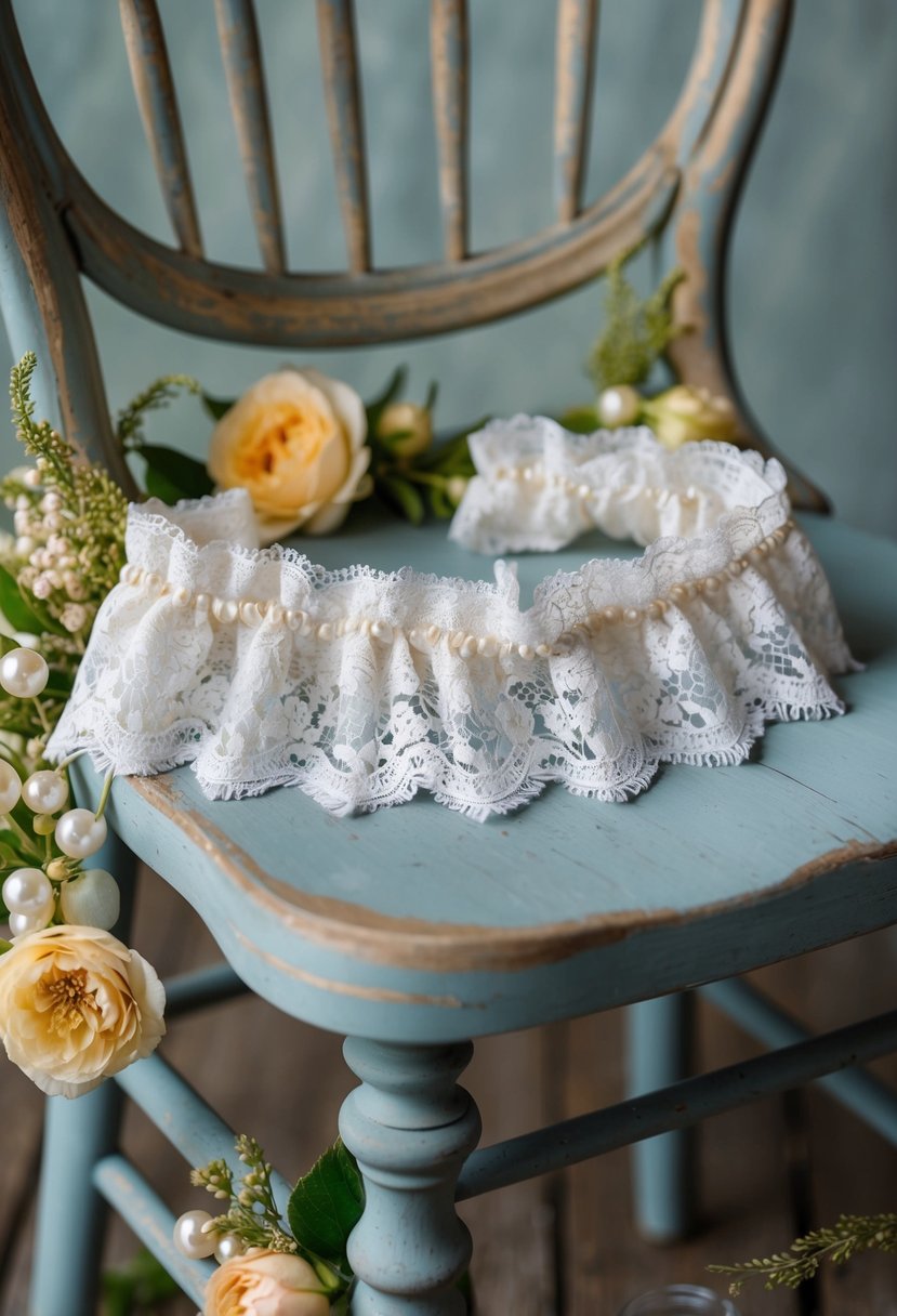 A vintage lace garter draped over a weathered wooden chair, surrounded by delicate floral accents and antique pearls