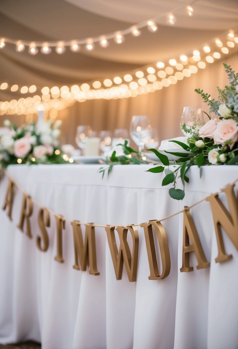 A string of delicate, personalized name garlands drapes across the sweetheart table, adorned with soft florals and twinkling lights