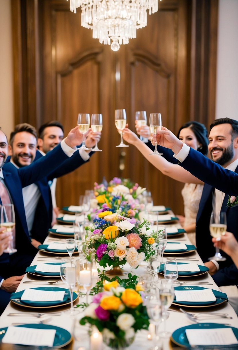 A table adorned with blooming flowers and elegant tableware, surrounded by joyful guests raising their glasses in celebration