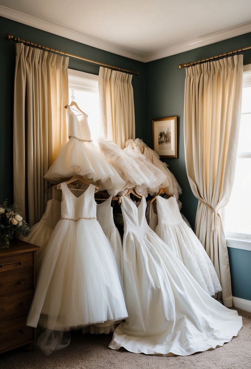 A pile of old wedding dresses being repurposed into elegant, flowing curtains for a cozy home