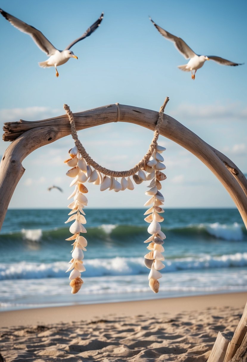 A seashell garland hangs from a driftwood arch, gently swaying in the ocean breeze. Seagulls fly overhead as waves crash on the sandy shore