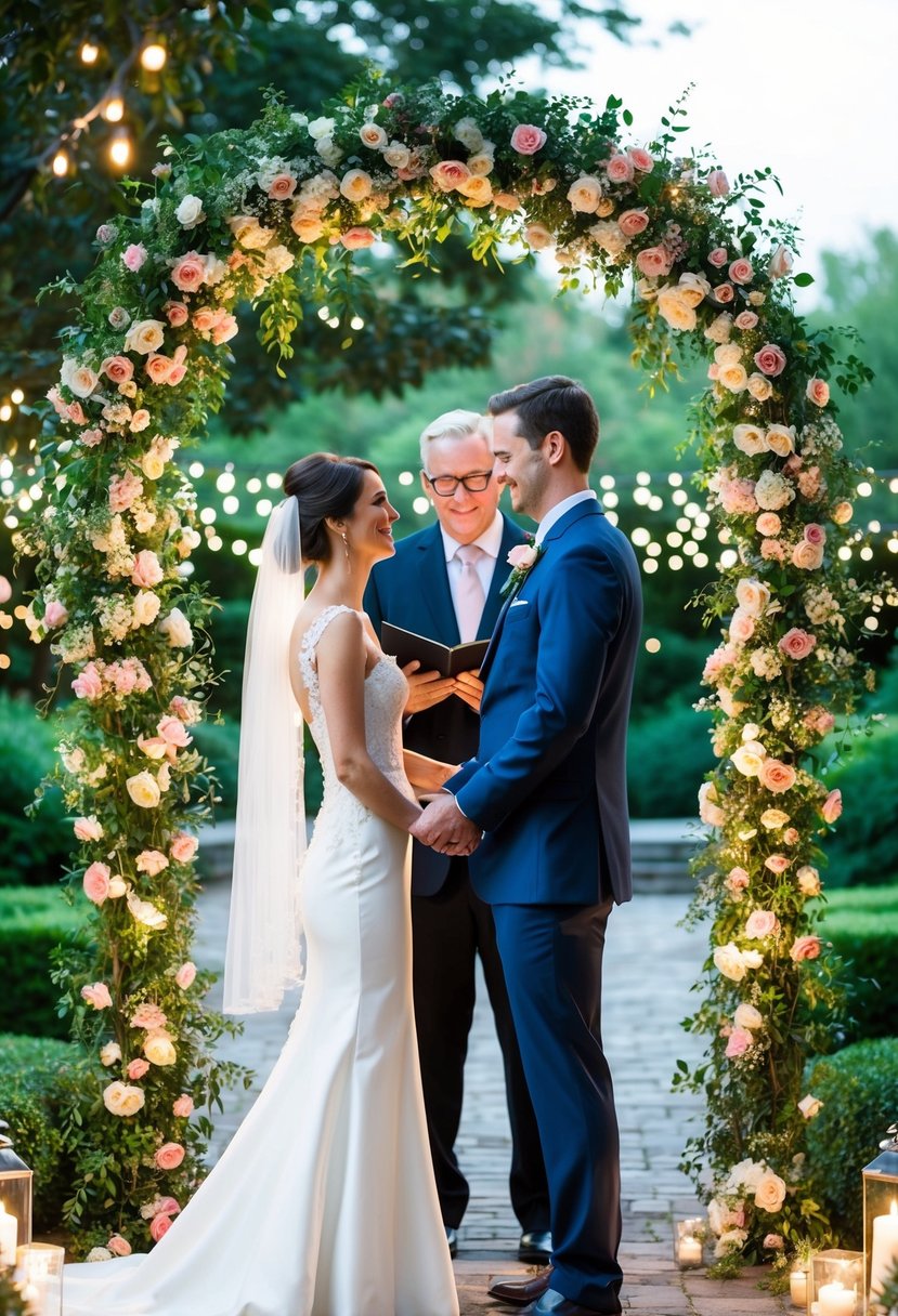 A bride and groom stand under a flower-covered arch, surrounded by twinkling lights and a serene garden setting. Their love is evident in the tender glances they exchange as they exchange vows