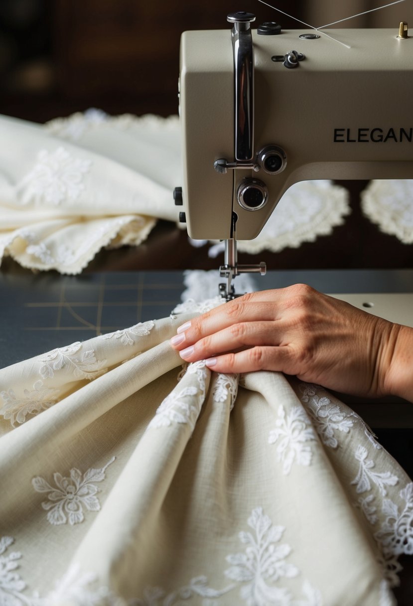 Elegant cloth napkins made from repurposed wedding dresses being sewn