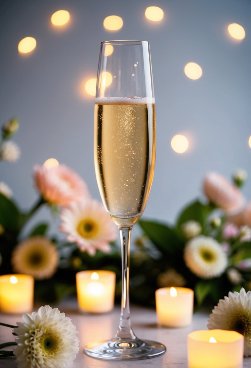 A champagne glass raised in a celebratory gesture, surrounded by delicate flowers and glowing candlelight