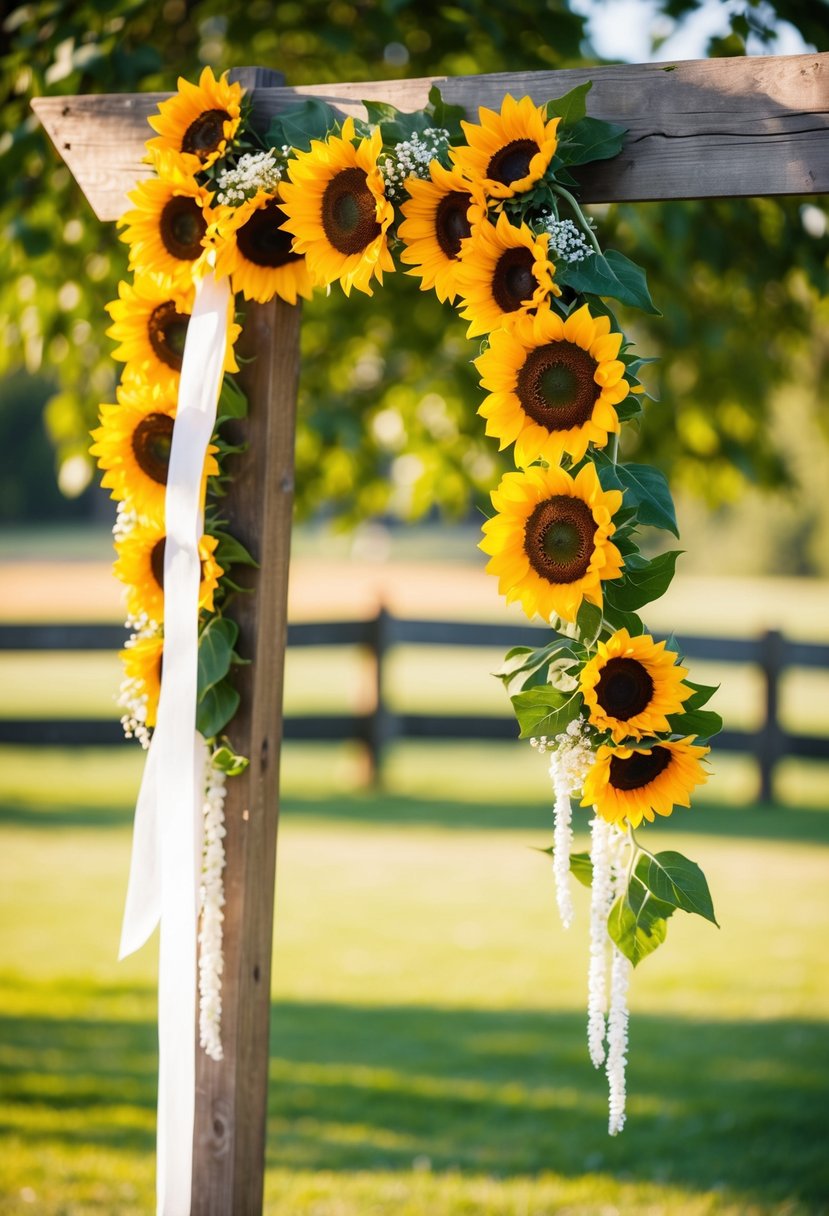 A sunflower and silk wedding garland hangs gracefully from a rustic wooden arch, bathed in warm sunlight