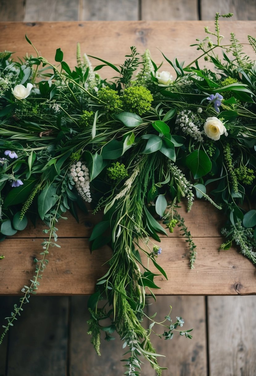 A lush, wild garland of foraged greenery, woven with delicate vines and flowers, draped across a rustic wooden table