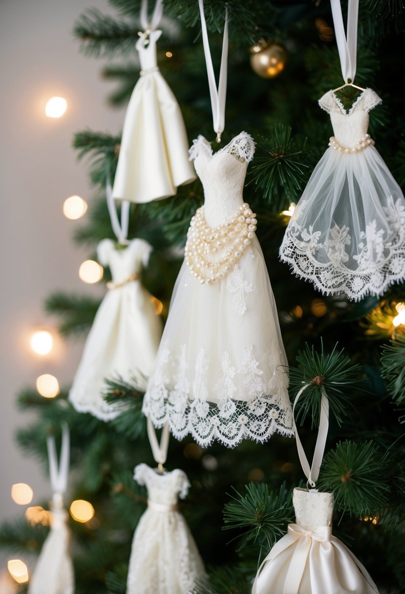 Old wedding dresses cut and sewn into delicate lace ornaments, adorned with pearls and ribbon, hanging from a Christmas tree