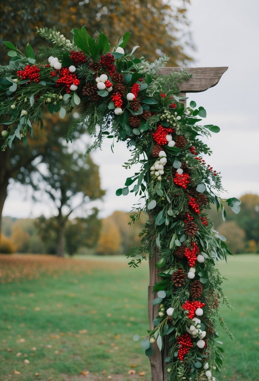 A lush garland of seasonal berries and foliage drapes across a rustic wooden arch, creating a natural and elegant wedding backdrop