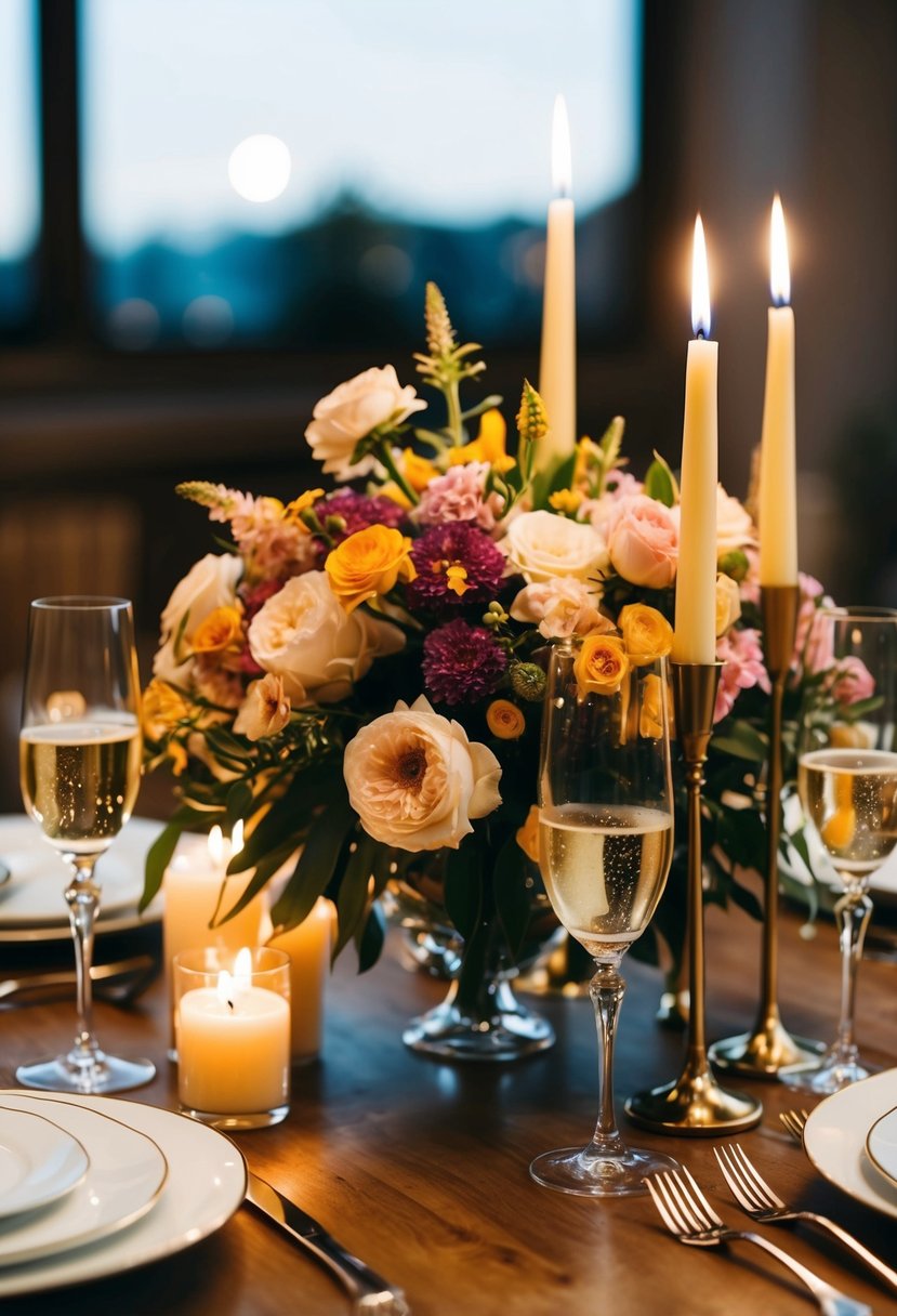 A beautifully set dining table with a bouquet of flowers, candles, and two elegant champagne glasses