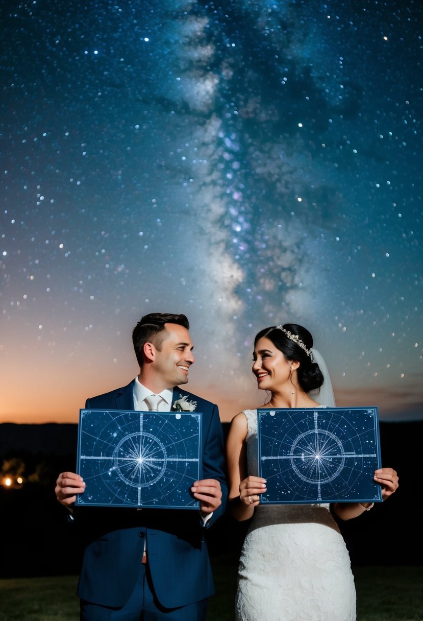 A couple standing under a starry sky on their wedding night, with a custom star map in their hands